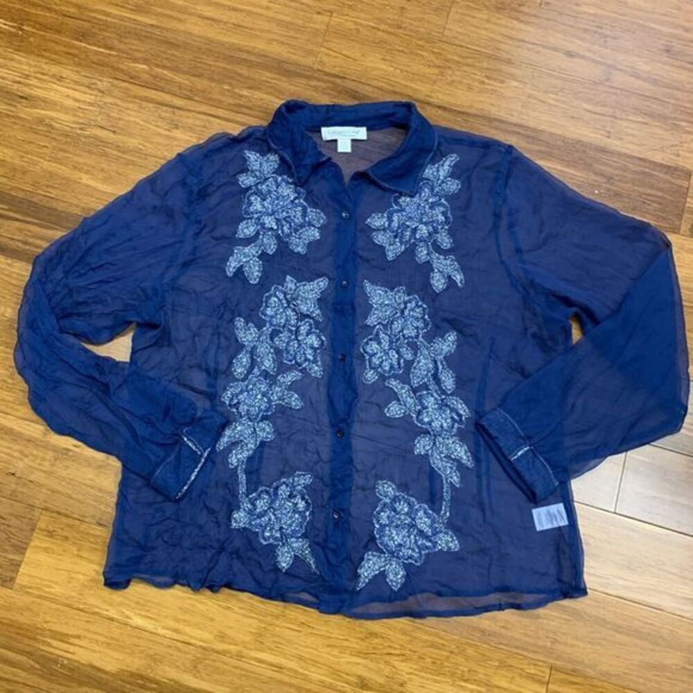 Coldwater Creek Womens XL Petite‎ Top Navy Blue Silk Floral Embroidered Button